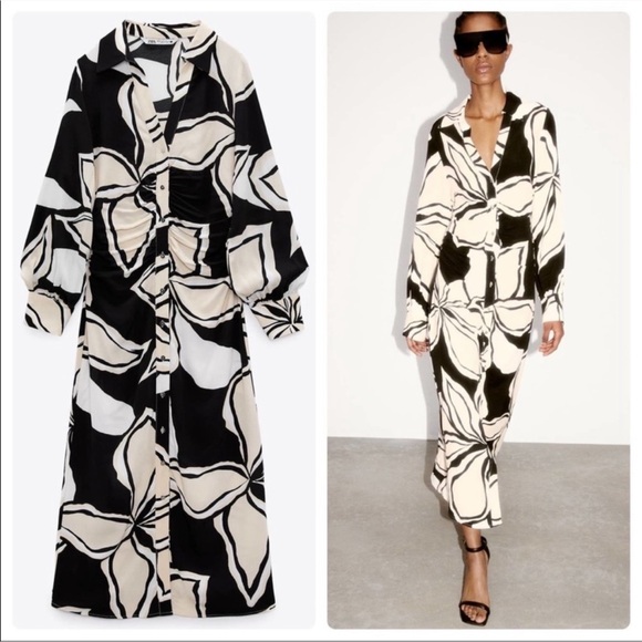 Zara Dresses & Skirts - Zara Black and Cream Floral Button-Front Maxi Dress